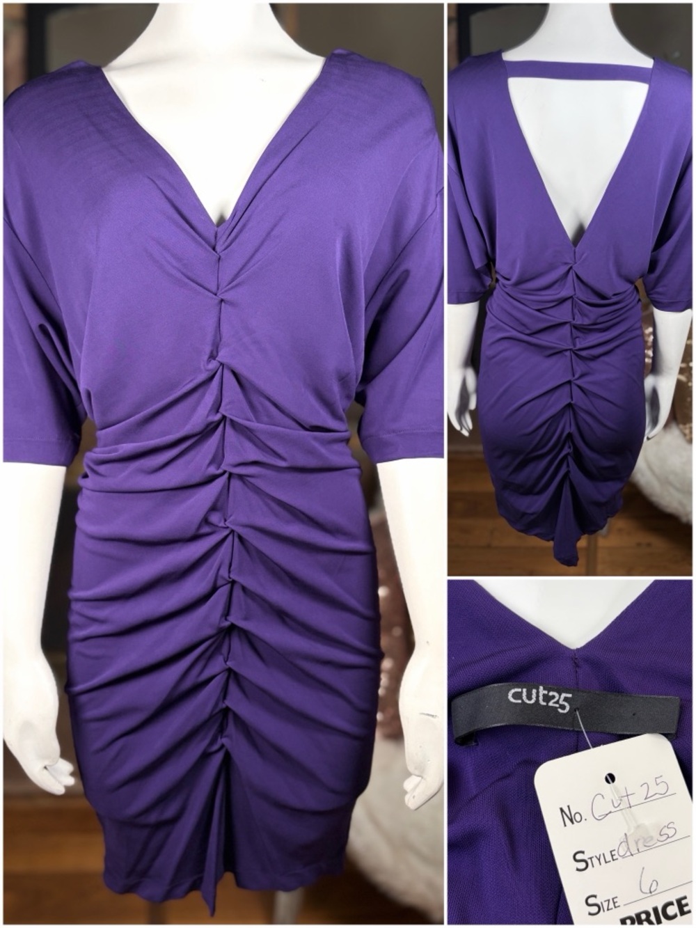 Cut25 Purple Deep V Dolman Sleeve Dress w/ Center Ruched Detail, Sz 6
